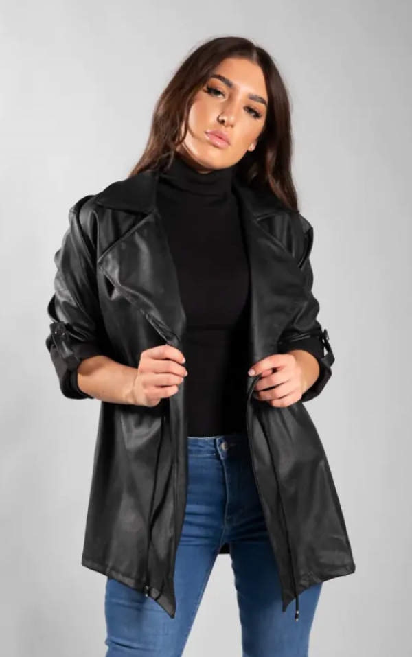 Jaket kulit sintetis berdetail tali pinggang bertali